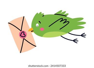 Sobre verde de la carta de porte de pájaro volando con ilustración postvector