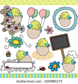 Green bird in egg set digital elements