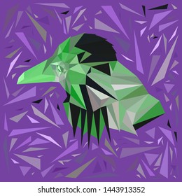 Green bird in a frame of scattered purple triangles. Silhouette of the head of a crow of triangular elements.