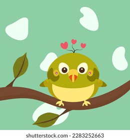 green bird with a heart on its head sits on a branch with green leaves
