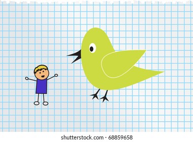 green bird and little boy