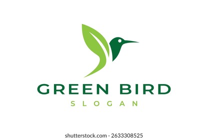 green bird logo vector illustration, hummingbird with leaf logo design