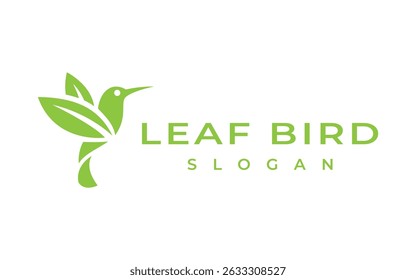 green bird logo vector illustration, hummingbird with leaf logo design