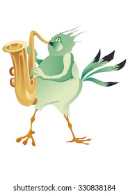 green bird make music with saxophone