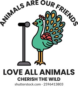 A green bird with a microphone stands next to a microphone. The image is titled "Animals are our friends"