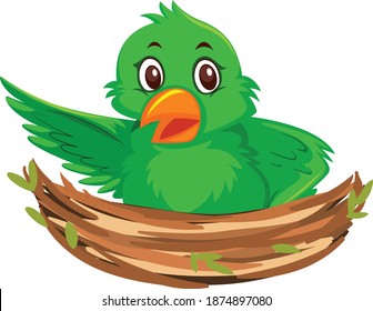 Green bird in nest cartoon vector art and illustration