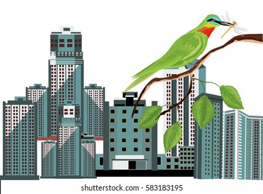 Green bird on tree branch city on background vector illustration