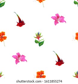 Green bird of paradise. Orange Rose Mallow. Pink Bauhinia Purpurea. Red Hibiscus. Vector illustration. Seamless background pattern. Floral botanical flower. Wild leaf wildflower isolated. Exotic.