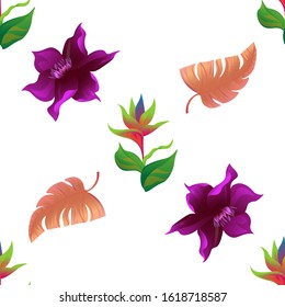 Green bird of paradise. Purple Clematis. Orange Tropical Leaf. Vector illustration. Seamless background pattern. Floral botanical flower. Wild leaf wildflower isolated. Exotic tropical hawaiian.