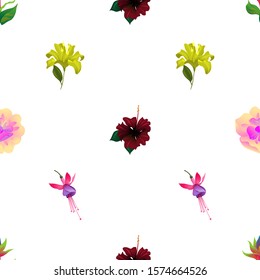 Green bird of paradise. Red Rose Mallow. Yellow Magnolia. Yellow Lilium. Pink and Purple Fuchsia Bella. Vector illustration. Seamless background pattern. Floral botanical flower. Wild leaf.