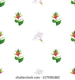 Green bird of paradise. White Hibiscus. Vector illustration. Seamless background pattern. Floral botanical flower. Wild leaf wildflower isolated. Exotic tropical hawaiian jungle. Fabric wallpaper.