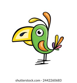 green bird parrot cartoon, vector illustration hand drawn