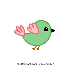 Pájaro verde con alas rosas. Anidamiento volador. Dibujos animados, vector eps 10