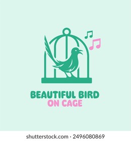 A green bird singing in a cage, with musical notes above.