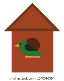 A green bird is sitting in front of a brown wooden nesting box vector color drawing or illustration 