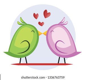 A green bird and a violet bird kissing vector illustrtation in light blue circle on white background.