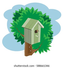 Green birdhouse on a tree with a bird. Vector.