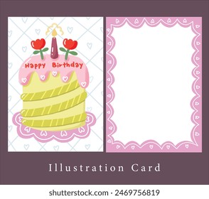 a green birthday cake with pink cream , flower and candle on top on heart pattern card,illustration birthday card decoration. greeting card for blessing.	