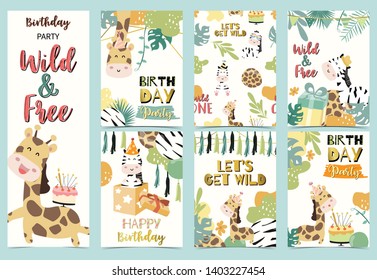 Green birthday card with giraffe,zebra and standing,cake,palm and balloon
