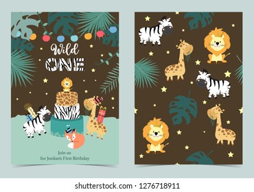 Green birthday card with lion,giraffe,zebra,llama,fox and gift