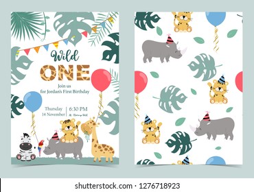 Green birthday card with rhino,tiger,zebra and balloon