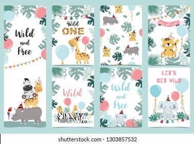 Green birthday card with tiger,elephant, giraffe, zebra,cake,leaf,rainbow and balloon