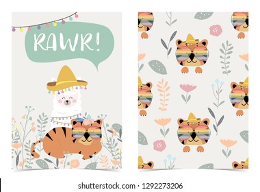 Green birthday card with tiger,llama,flower and leaf. Wording is RAWR