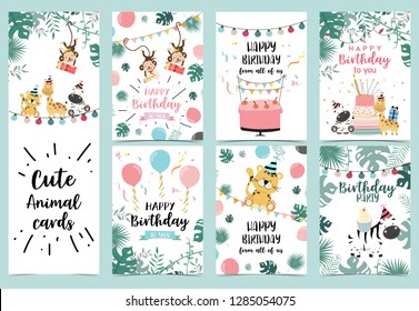 Green birthday card with tiger,monkey, giraffe, zebra,cake,light and balloon