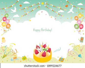 A green birthday frame of balloon, cake and flag