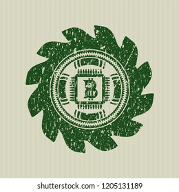 Green bitcoin chip (cryptocurrency mining concept) icon inside distress with rubber seal texture
