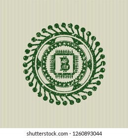 Green bitcoin chip (cryptocurrency mining concept) icon inside distress rubber stamp