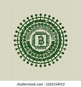 Green bitcoin chip (cryptocurrency mining concept) icon inside distress grunge style stamp