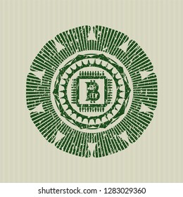 Green bitcoin chip (cryptocurrency mining concept) icon inside rubber grunge texture seal
