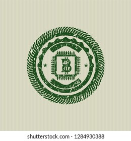 Green bitcoin chip (cryptocurrency mining concept) icon inside distress rubber seal with grunge texture