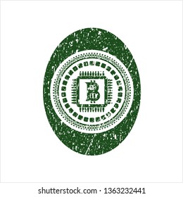 Green bitcoin chip (cryptocurrency mining concept) icon inside distress grunge stamp