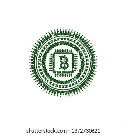 Green bitcoin chip (cryptocurrency mining concept) icon inside distressed rubber grunge texture stamp