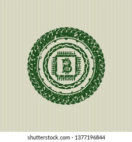 Green bitcoin chip (cryptocurrency mining concept) icon inside distress rubber grunge texture seal