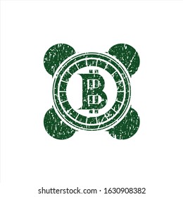 Green bitcoin icon inside distress rubber seal with grunge texture