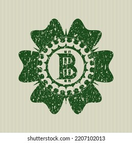 Green bitcoin icon inside distressed rubber seal. 