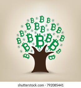 Green bitcoin leaves grows on the tree. Crypto money mining illustration. Blockchain cryptography currency electronic financial technology