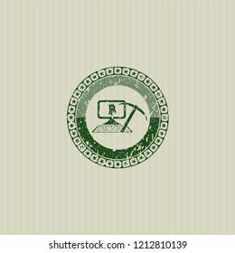 Green bitcoin mining icon inside rubber seal