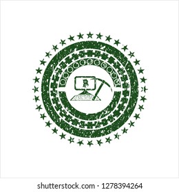 Green bitcoin mining icon inside rubber stamp with grunge texture