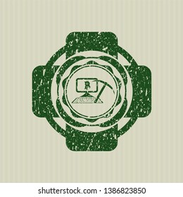 Green bitcoin mining icon with rubber seal texture