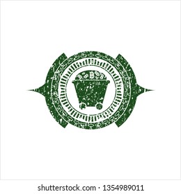 Green Bitcoin mining trolley icon inside distressed rubber grunge texture stamp