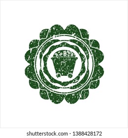 Green Bitcoin mining trolley icon inside distress with rubber seal texture