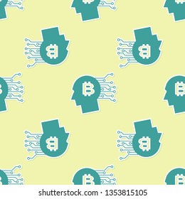 Green Bitcoin think icon isolated seamless pattern on yellow background. Cryptocurrency head. Blockchain technology, bitcoin, digital money market, cryptocoin wallet. Flat design. Vector Illustration