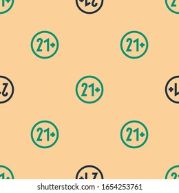 Green and black 21 plus icon isolated seamless pattern on beige background. Adults content icon.  Vector Illustration