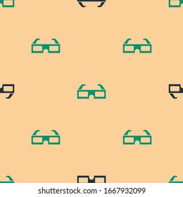 Green and black 3D cinema glasses icon isolated seamless pattern on beige background.  Vector Illustration