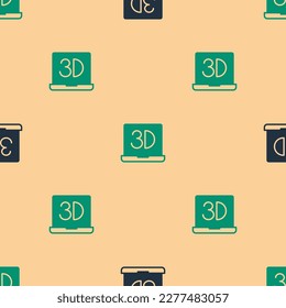 Green and black 3D printer icon isolated seamless pattern on beige background. 3d printing.  Vector