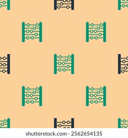 Green and black Abacus icon isolated seamless pattern on beige background. Traditional counting frame. Education sign. Mathematics school.  Vector